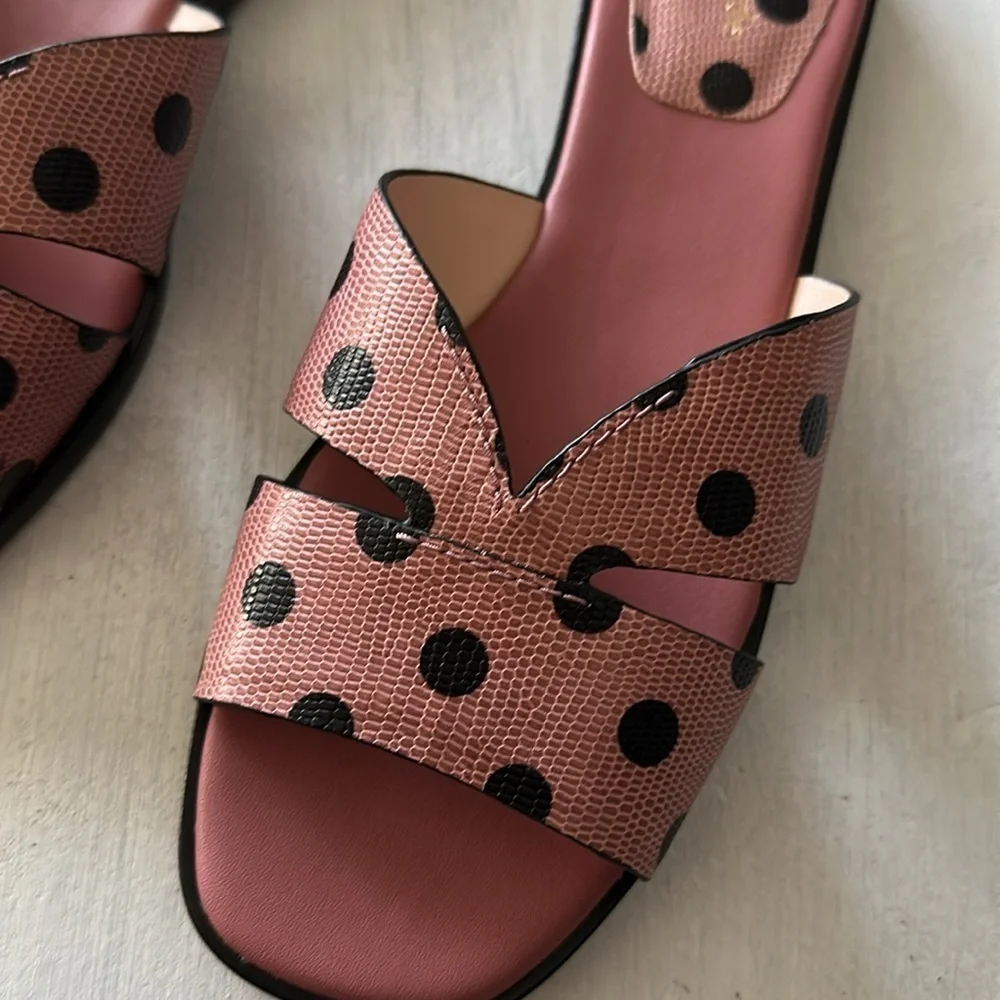 Kate Spade Dock Strappy Leather Slide Sandal Pink Black Dolka Dots Size 8 Summer